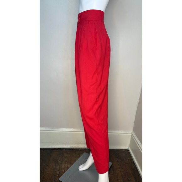 Vintage 1980s Red Pleated Pants, High Rise, Wide Waistband, Tapered Leg, 27"x28" - Picture 4 of 9